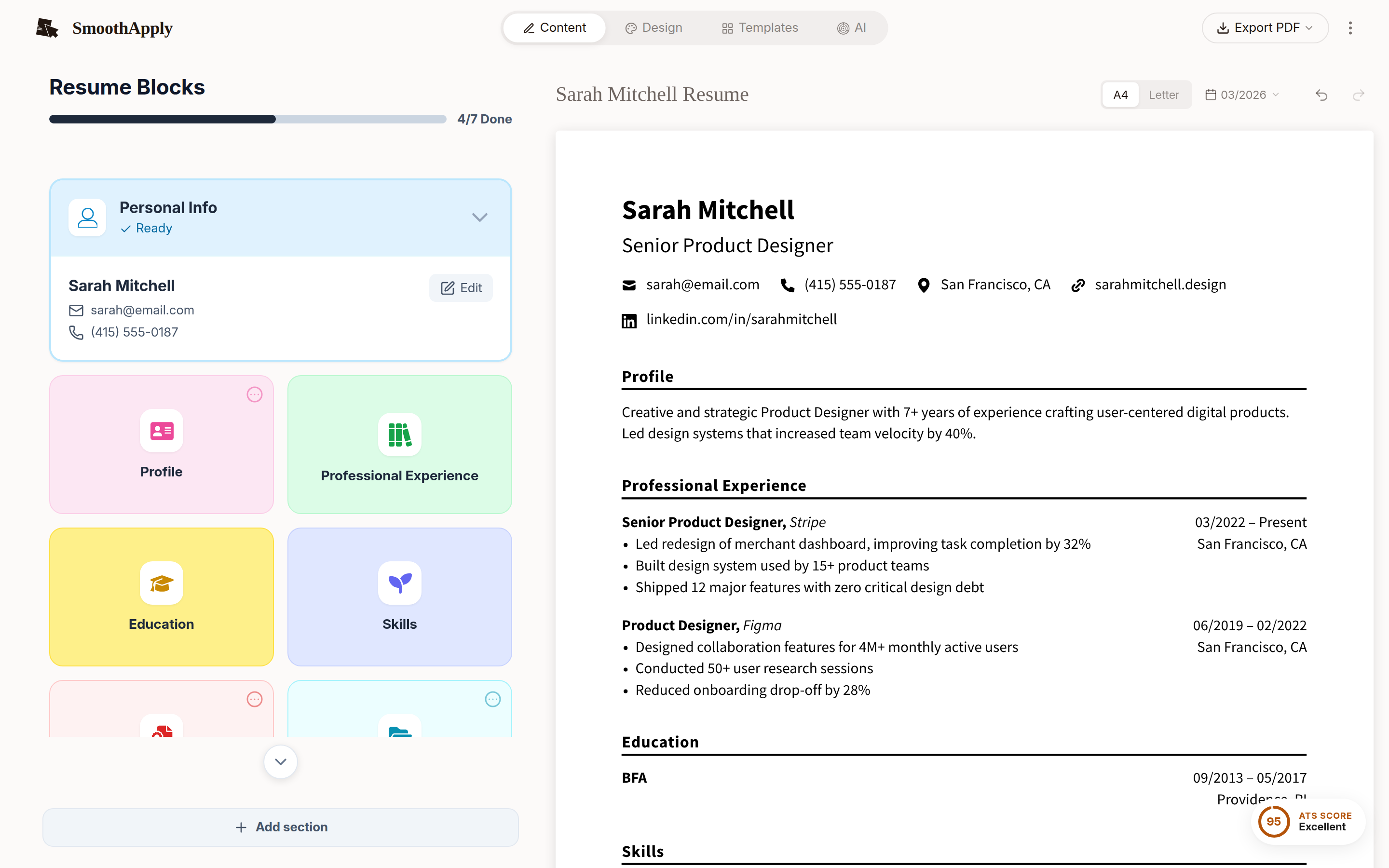SmoothApply resume builder with a resume open in the editor