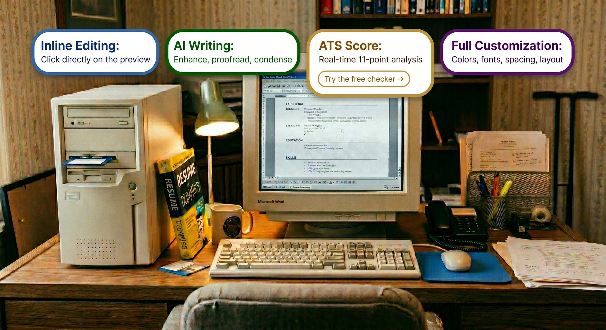 A 1990s desktop computer running Microsoft Word, overlaid with the SmoothApply features that replace it: inline editing, AI writing, real-time ATS score, and full customization