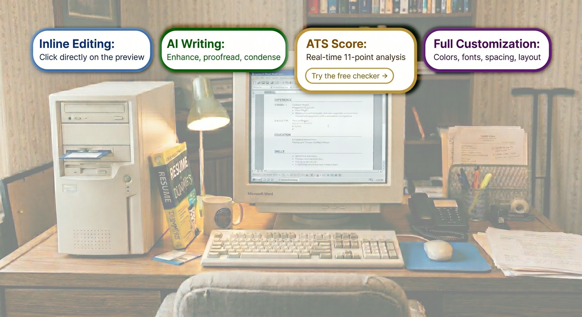A 1990s desktop computer running Microsoft Word, overlaid with the SmoothApply features that replace it: inline editing, AI writing, real-time ATS score, and full customization