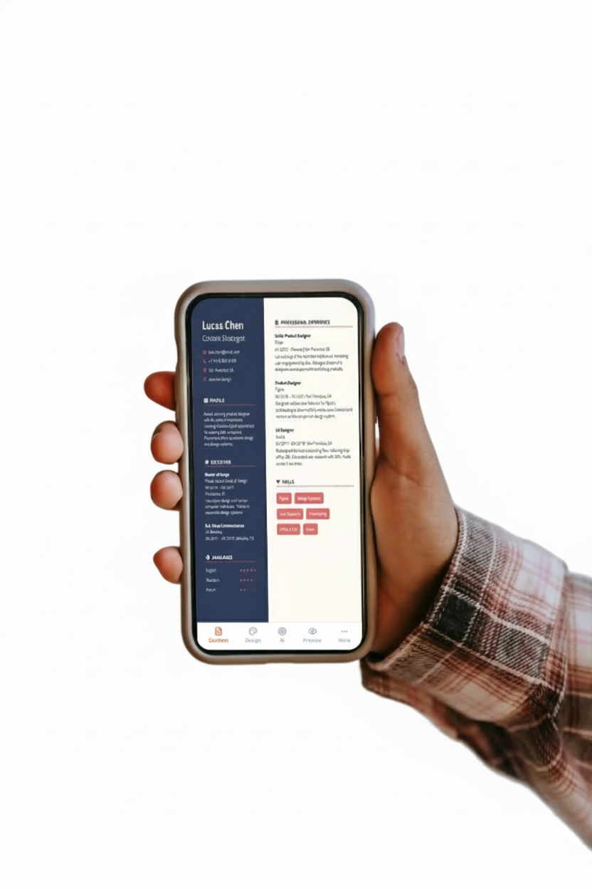 Hand holding phone with resume builder
