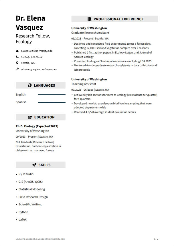 Academic Resume — Vanguard template