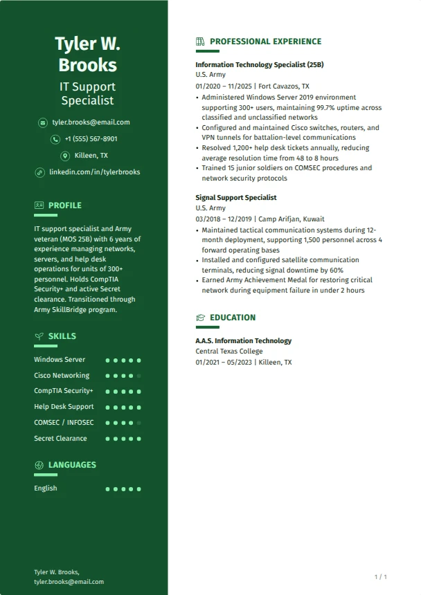 Army Resume (No Civilian Experience) — Cedar template