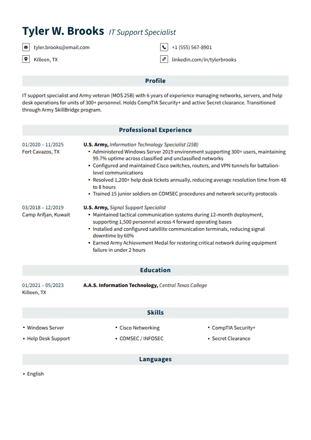 Army Resume (No Civilian Experience) — Columns template