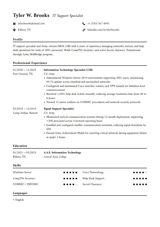 Army Resume (No Civilian Experience) — Inkwell template