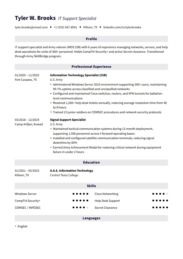 Army Resume (No Civilian Experience) — Pinnacle template