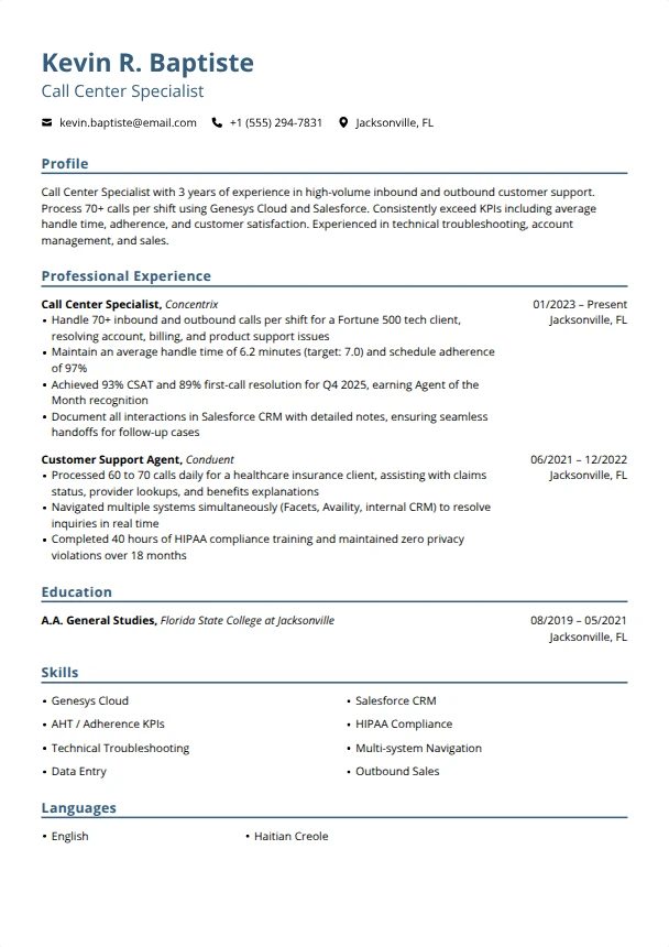 Call Center Resume — Blueprint template