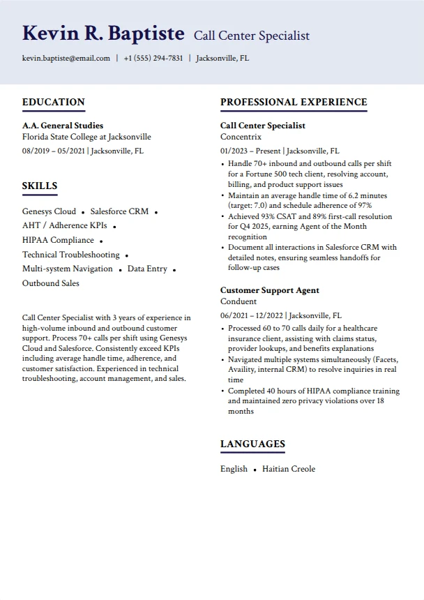 Call Center Resume — Dawn template