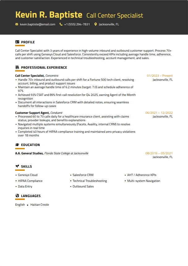 Call Center Resume — Graphite template