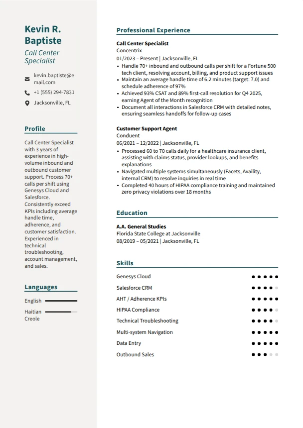 Call Center Resume — Harbor template
