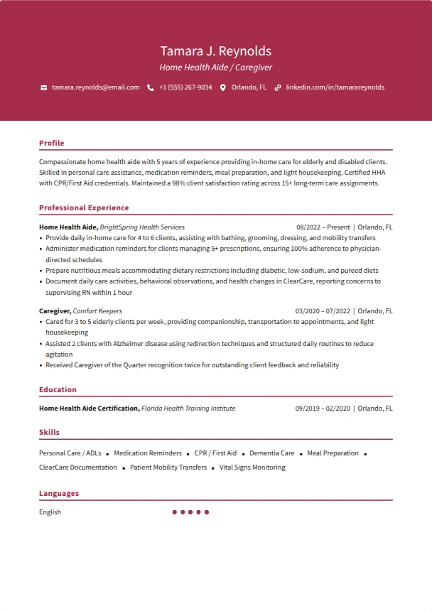 Caregiver Resume (No Experience) — Crimson template