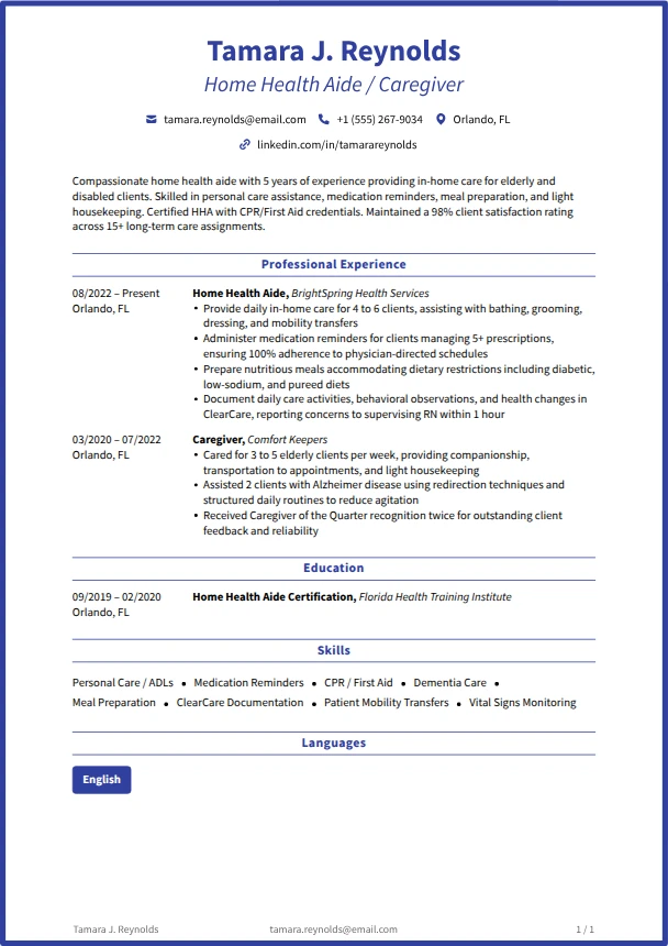 Caregiver Resume (No Experience) — Heritage template