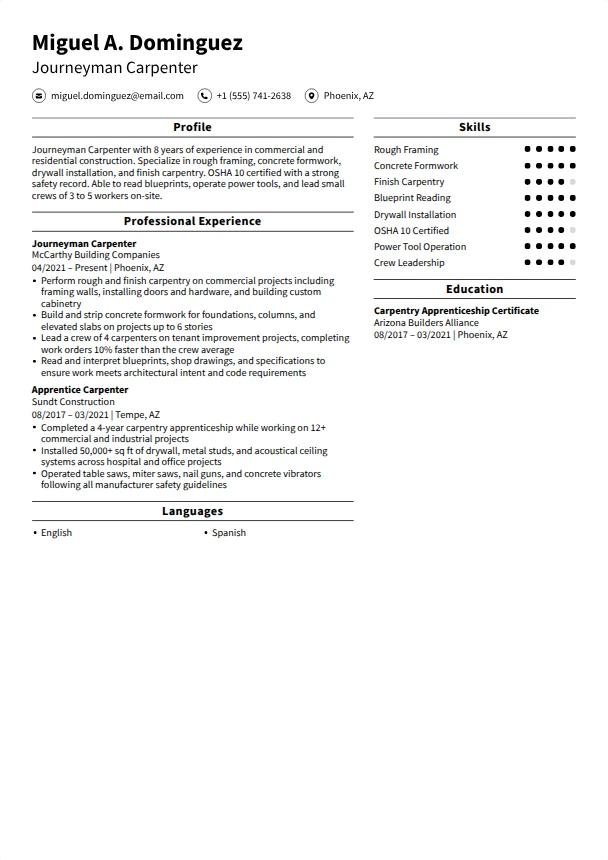 Carpenter Resume — Fresh Start template