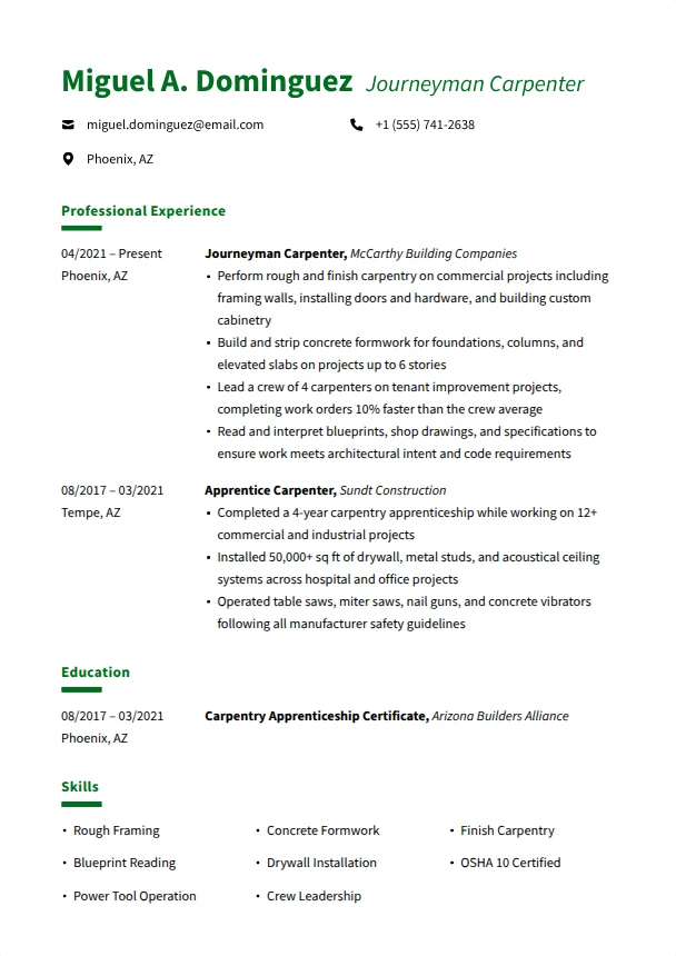 Carpenter Resume — Meadow template