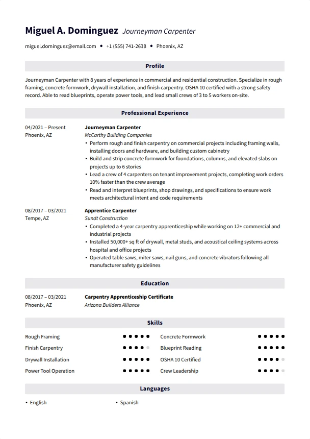 Carpenter Resume — Pinnacle template
