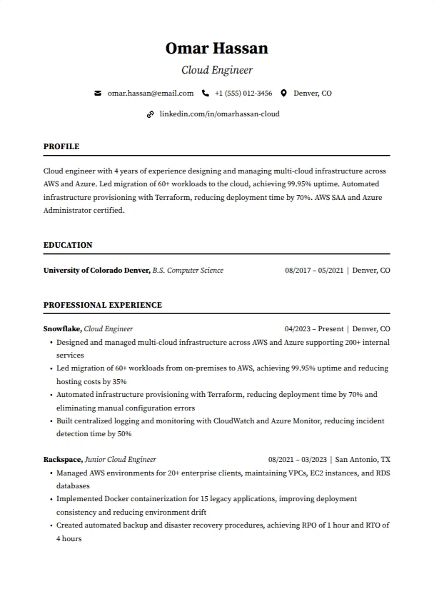 Cloud Engineer Resume — Foundation template