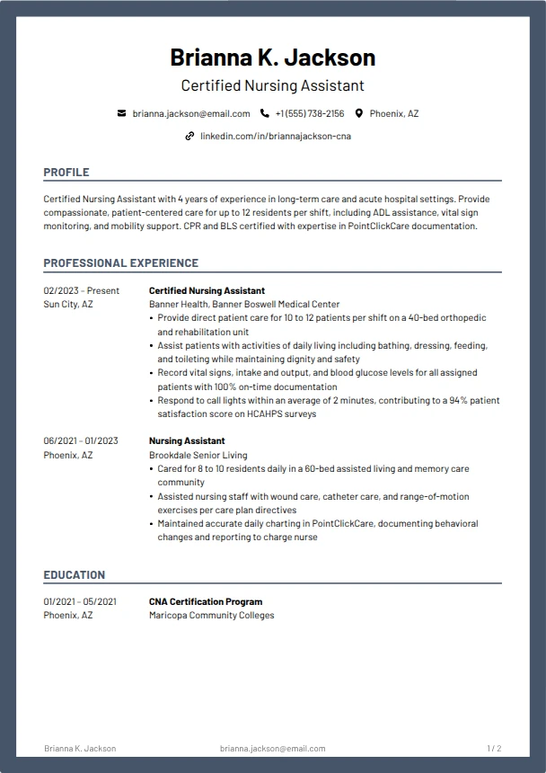 CNA Resume (No Experience) — Keystone template