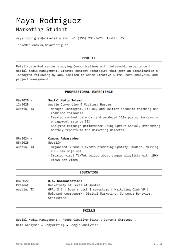 College Resume Examples — Manuscript template
