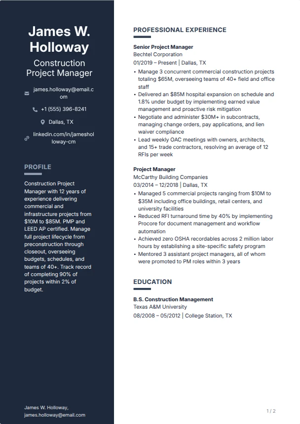 Construction Manager Resume — Anchor template