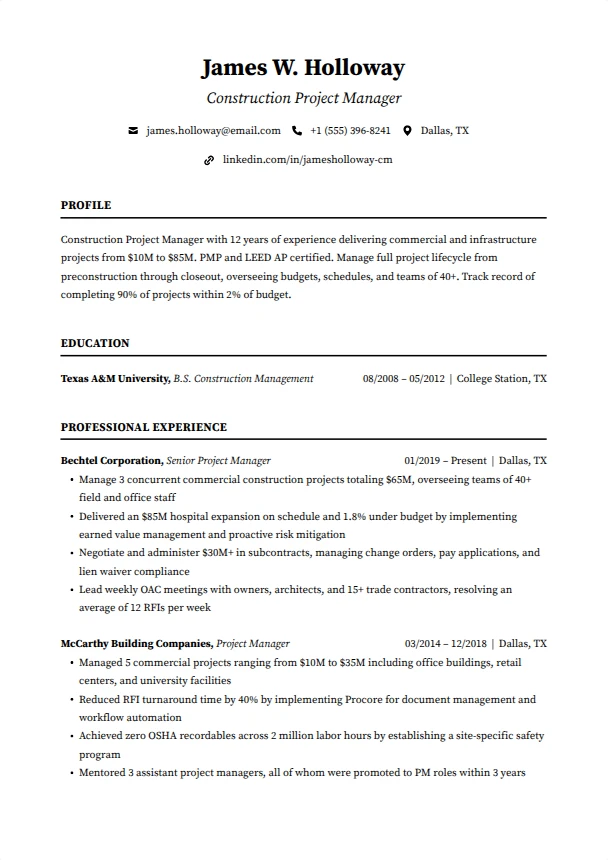 Construction Manager Resume — Foundation template