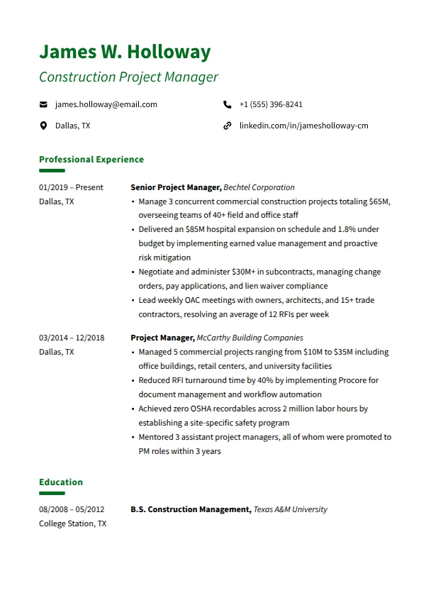 Construction Manager Resume — Meadow template