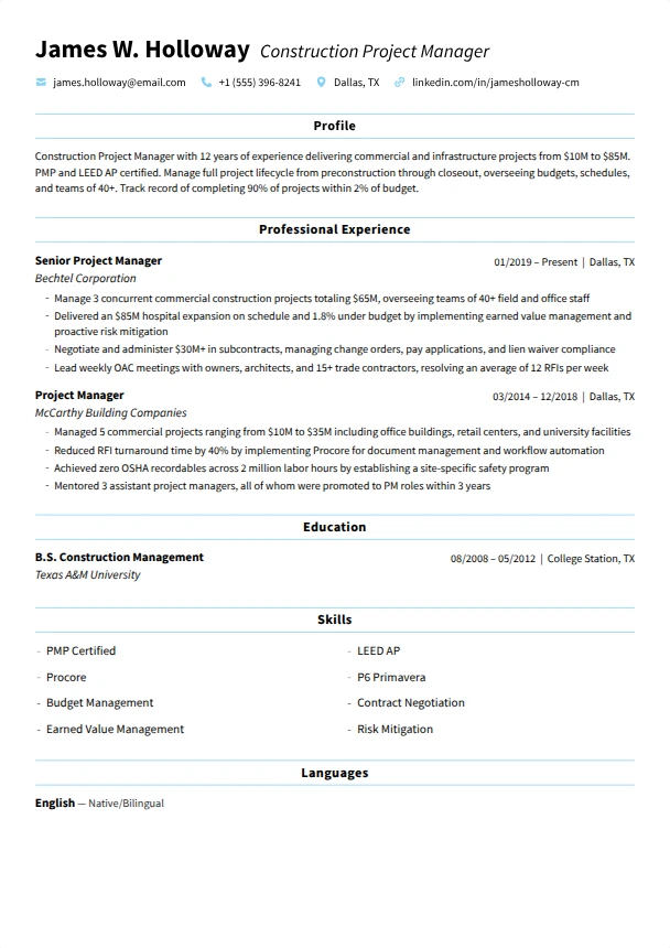 Construction Manager Resume — Tranquil template