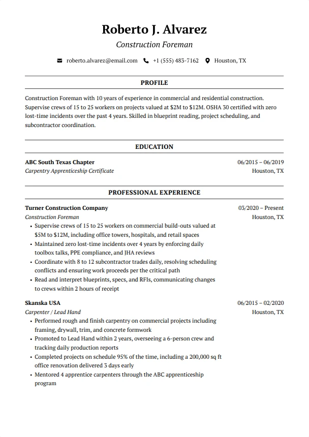 Construction Resume — Boardroom template
