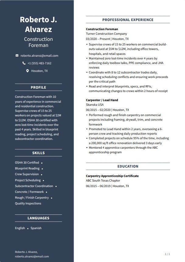 Construction Resume — Diplomat template