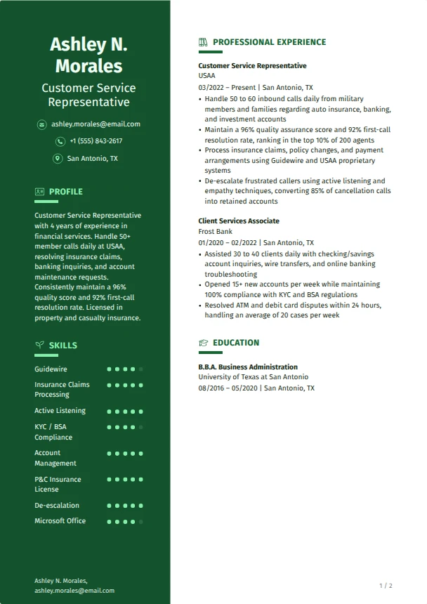 Customer Service Representative Resume — Cedar template