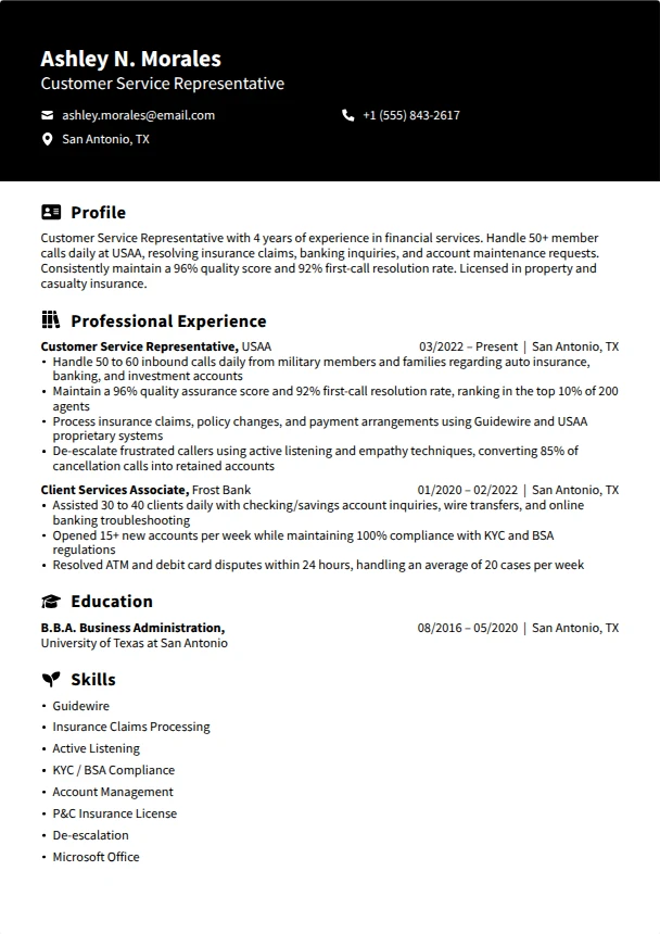 Customer Service Representative Resume — Obsidian template