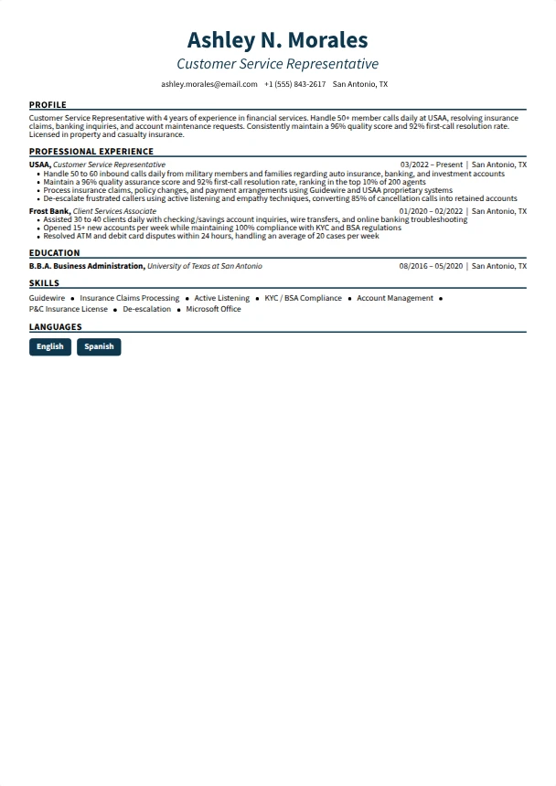 Customer Service Representative Resume — Streamline template