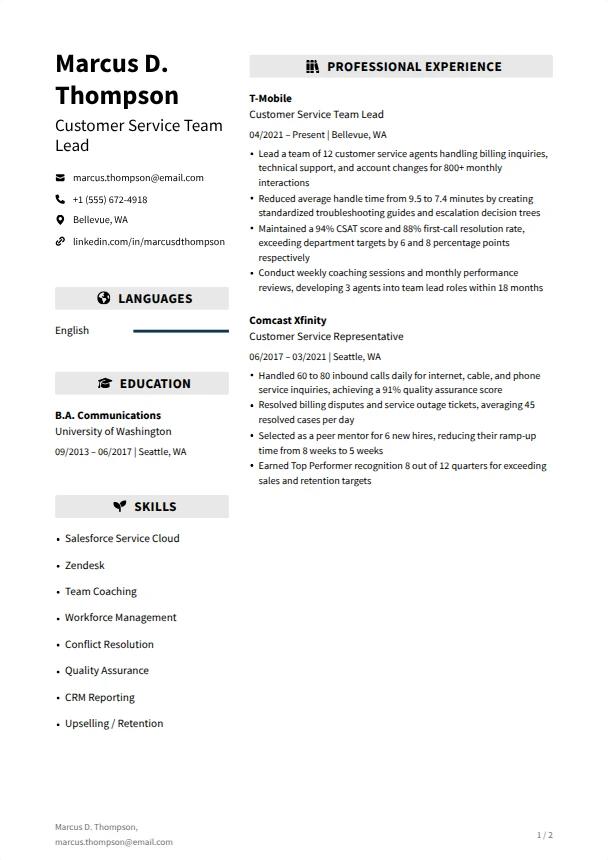 Customer Service Resume — Vanguard template