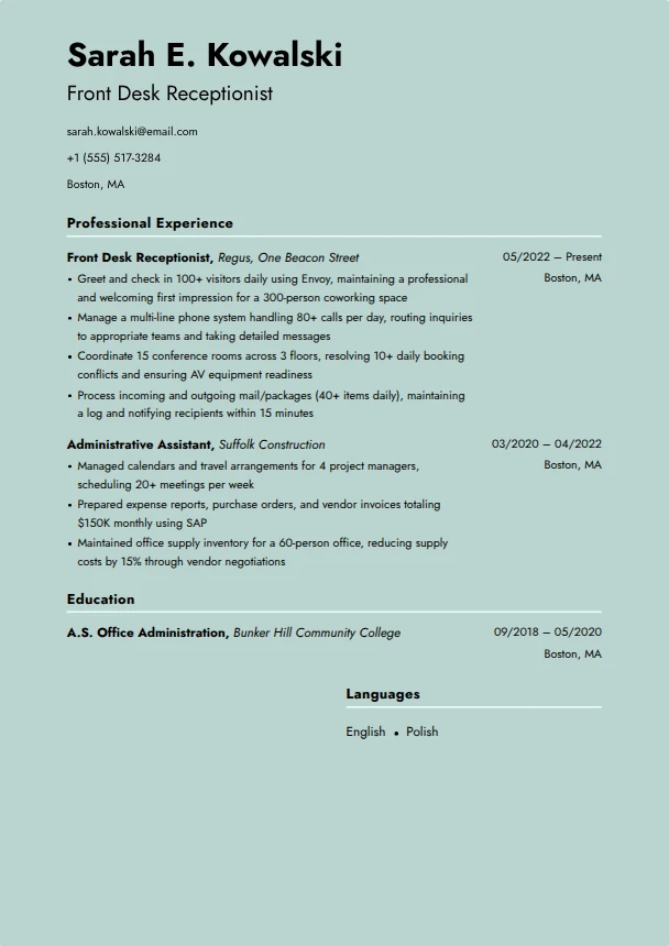 Front Desk Resume — Opal template