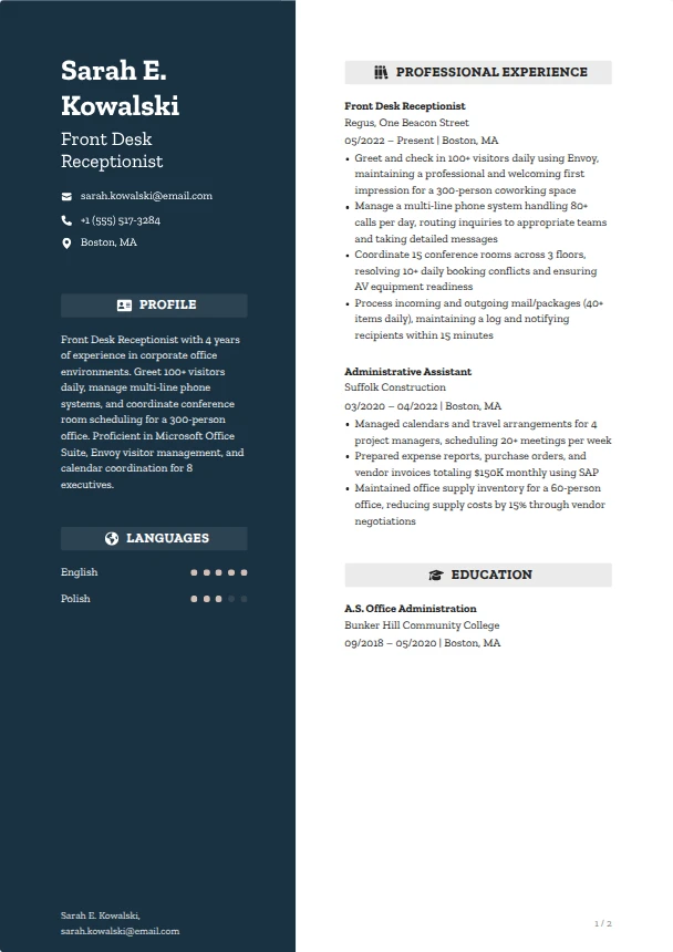 Front Desk Resume — Sapphire template