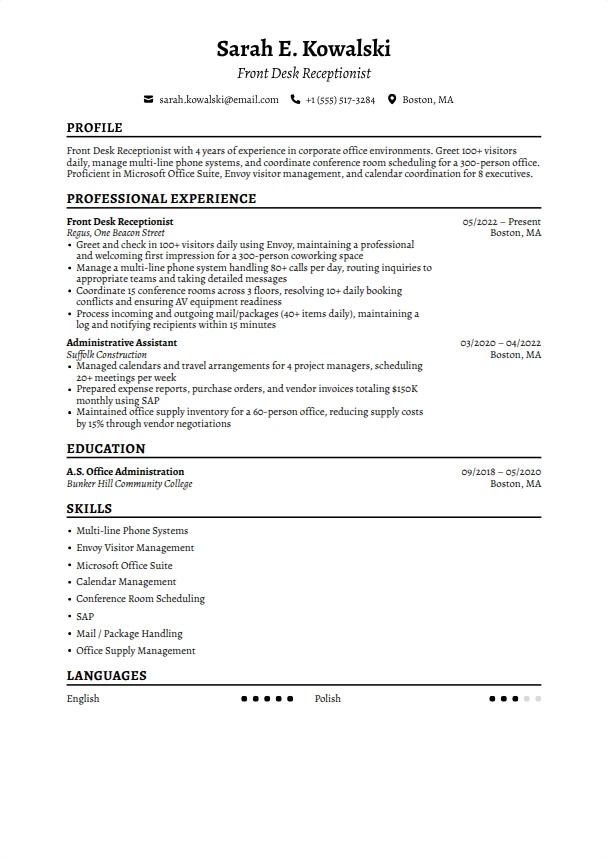 Front Desk Resume — Timeless template