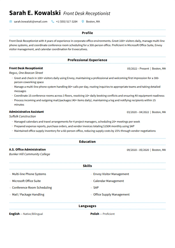 Front Desk Resume — Tranquil template