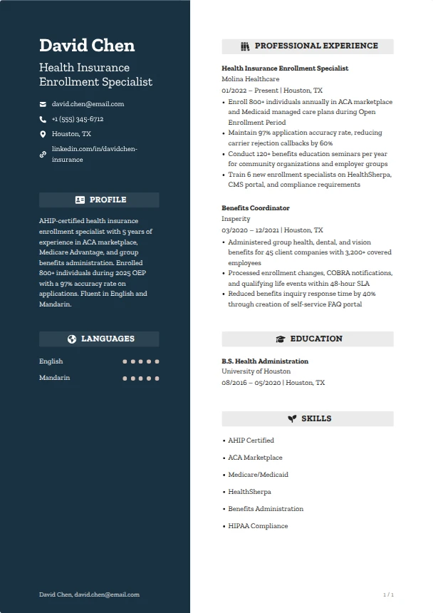 Health Insurance Resume — Sapphire template