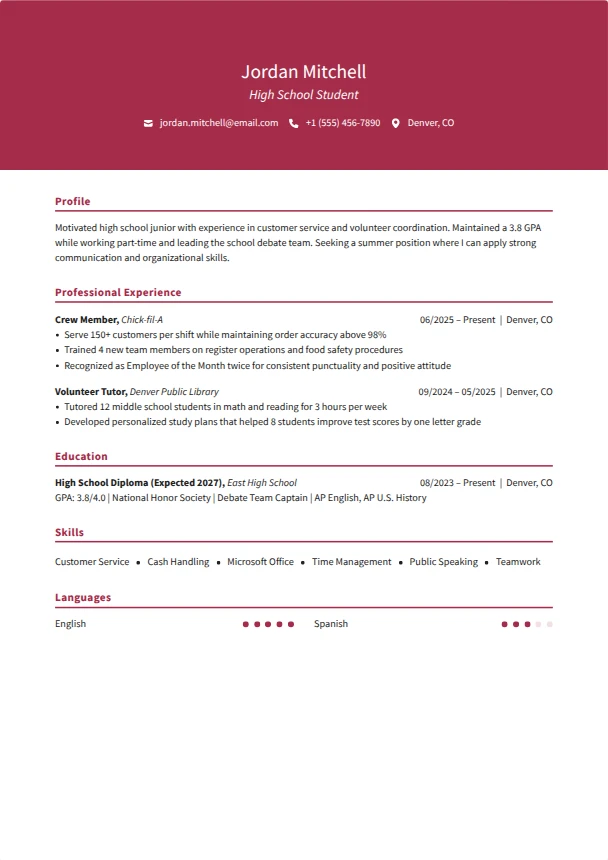 High School Resume — Crimson template
