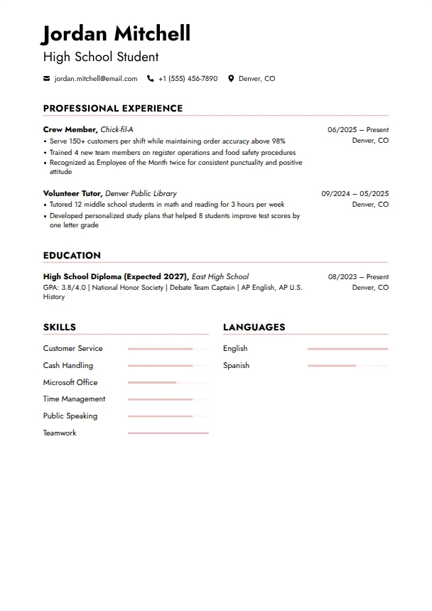 High School Resume — Rosewater template