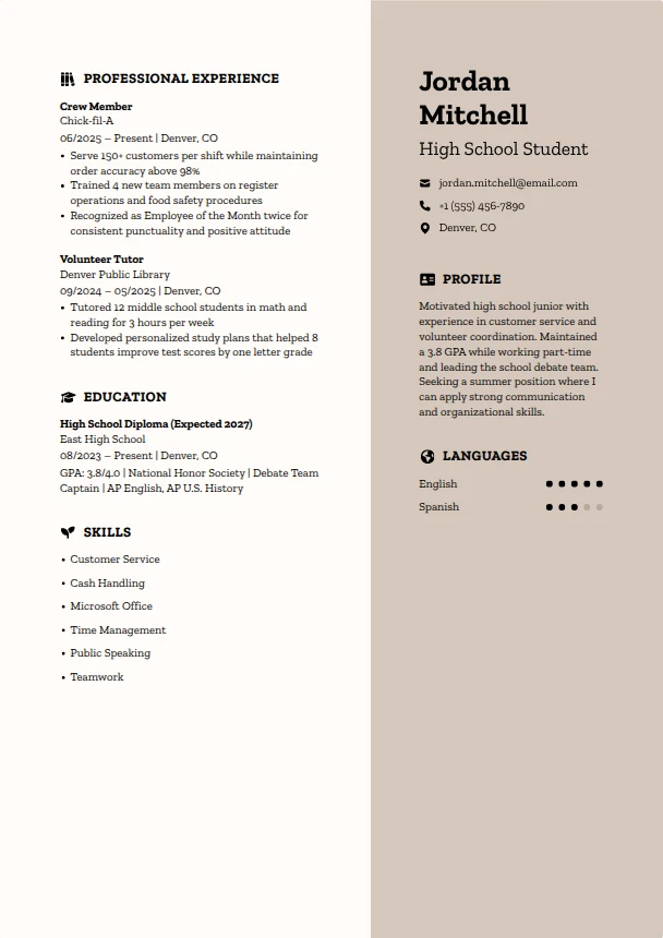 High School Resume — Sandstone template