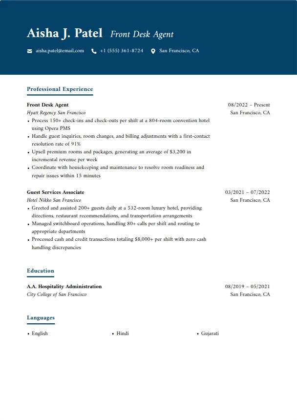 Hotel Front Desk Resume Guide — Cobalt template