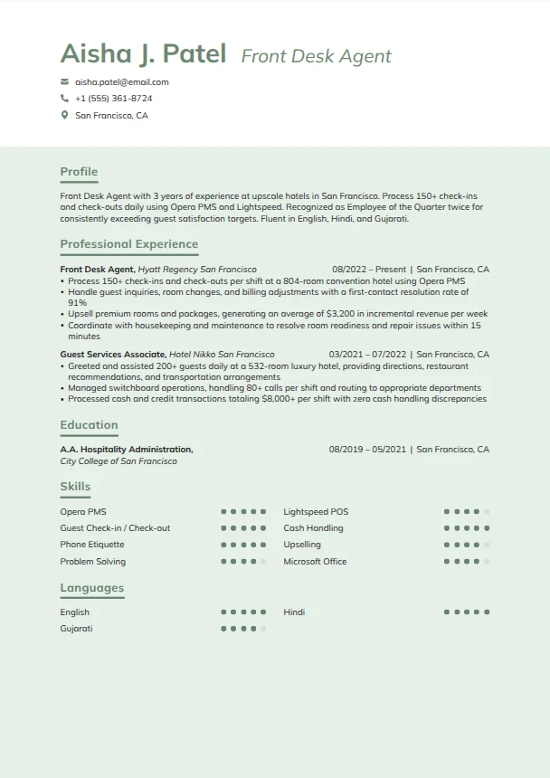 Hotel Front Desk Resume Guide — Mint template