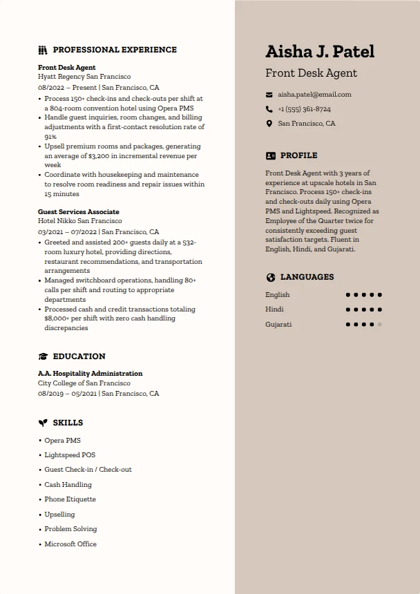Hotel Front Desk Resume Guide — Sandstone template