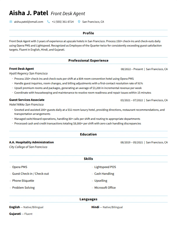 Hotel Front Desk Resume Guide — Tranquil template
