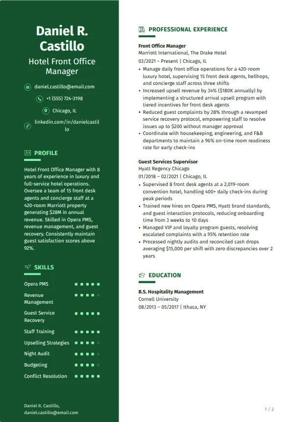 Hotel Resume Guide — Cedar template