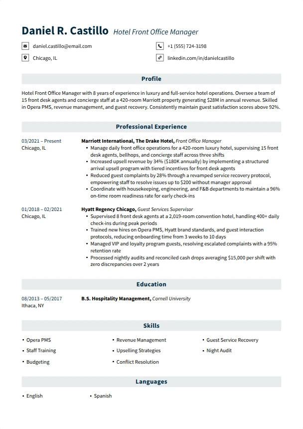 Hotel Resume Guide — Columns template