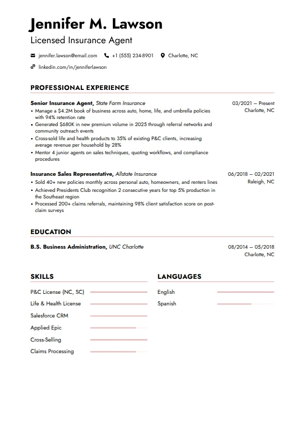 Insurance Resume — Rosewater template