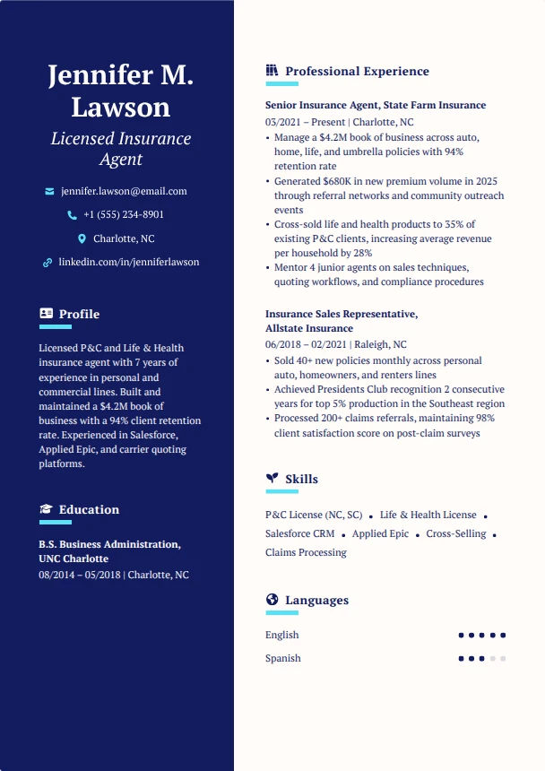 Insurance Resume — Royal template