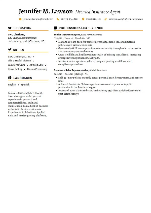 Insurance Resume — Saffron template
