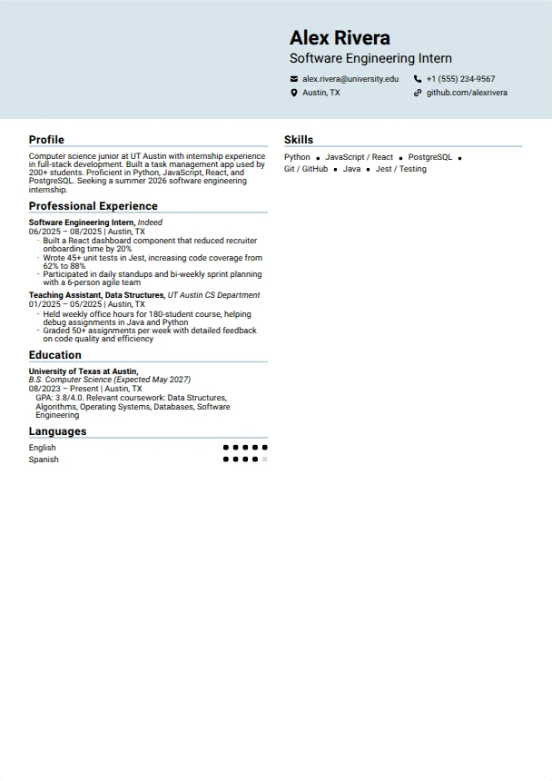 Intern Resume Examples — Grid template
