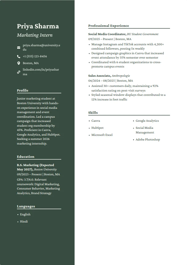 Internship Resume Guide — Evergreen template